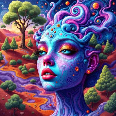 The primary subject of the image is a woman with a blue and purple face, wearing a headpiece and surrounded by a vibrant, colorful environment. The setting includes a forest with trees and a sky background. The visual style is a combination of digital art and illustration, creating a unique and artistic representation of the woman. The colors and mood of the image are lively and energetic, with the woman's face and the surrounding environment both featuring a mix of blue, purple, and other v